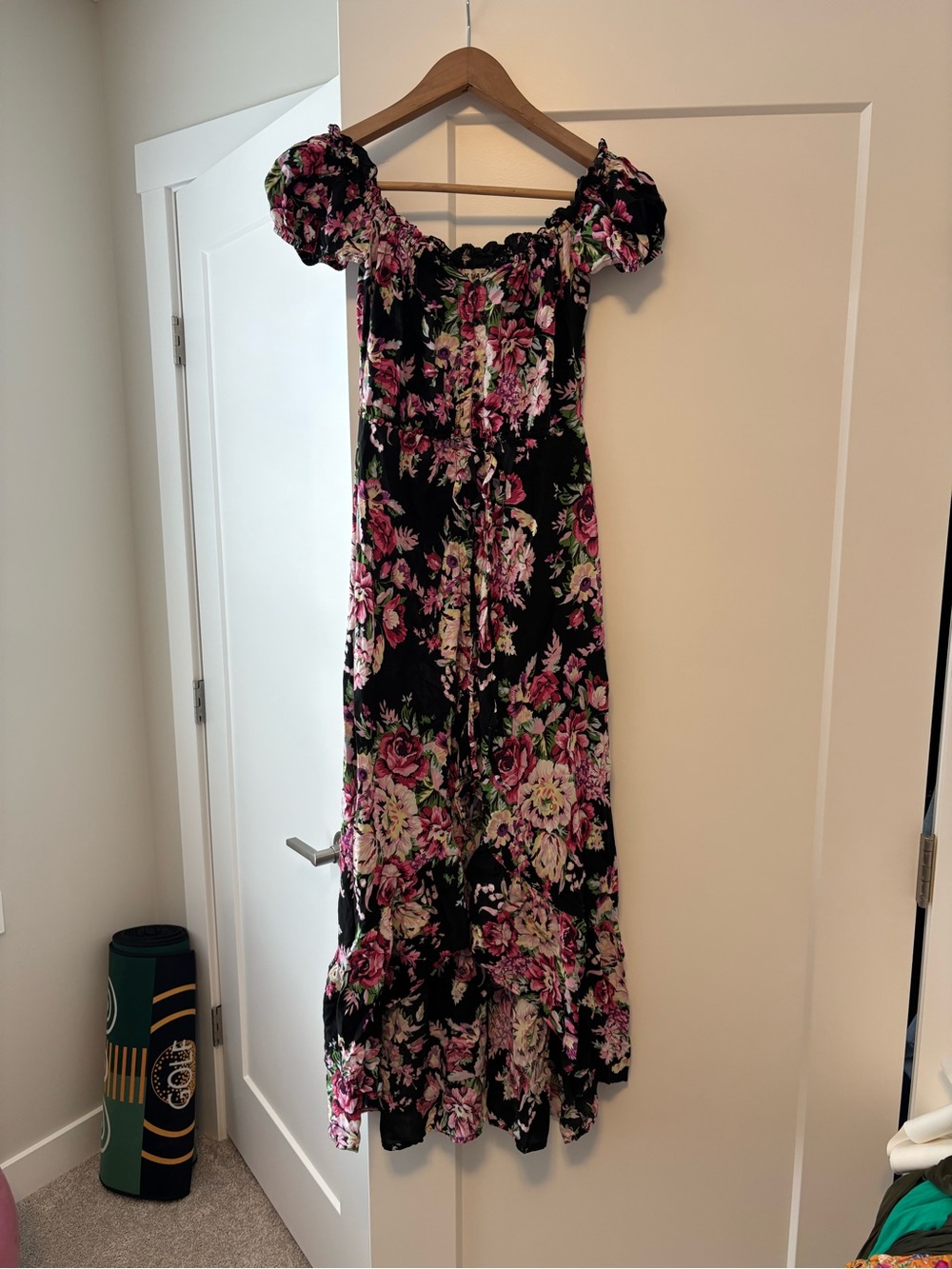 Black Floral Off-Shoulder Maxi Dress - Pink & Green Blossom Print